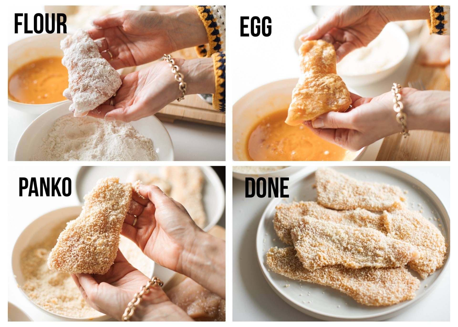 Dredging and coating chicken before frying.