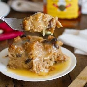 Bread pudding with hot butter rum sauce.