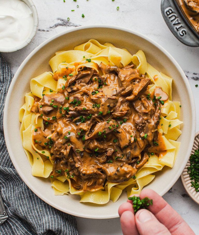 Beef stroganoff in a bowl.