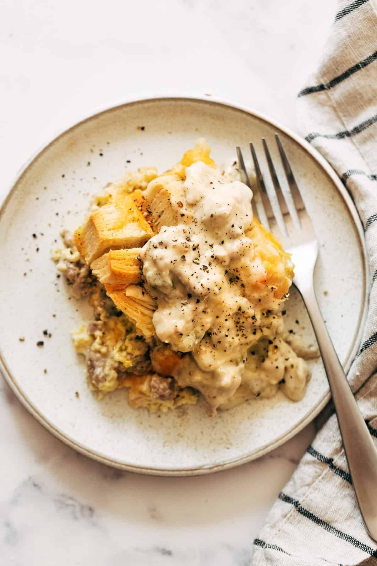 Biscuits and gravy egg bake served on a plate.