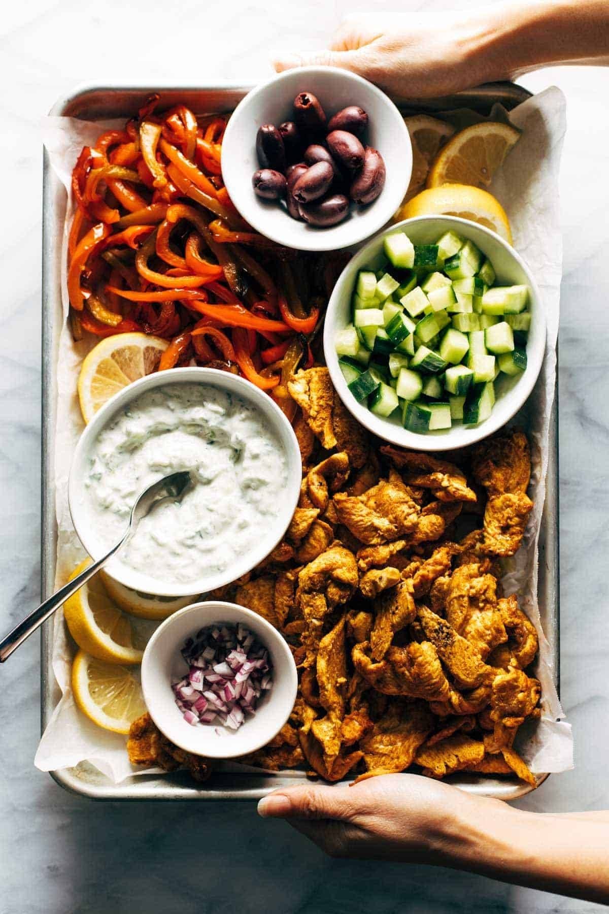 Sheet pan chicken pitas.