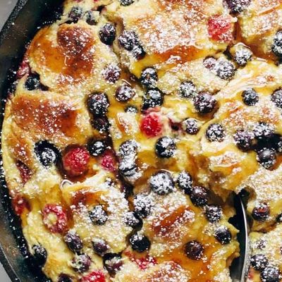 French Toast Casserole in a cast iron pan.