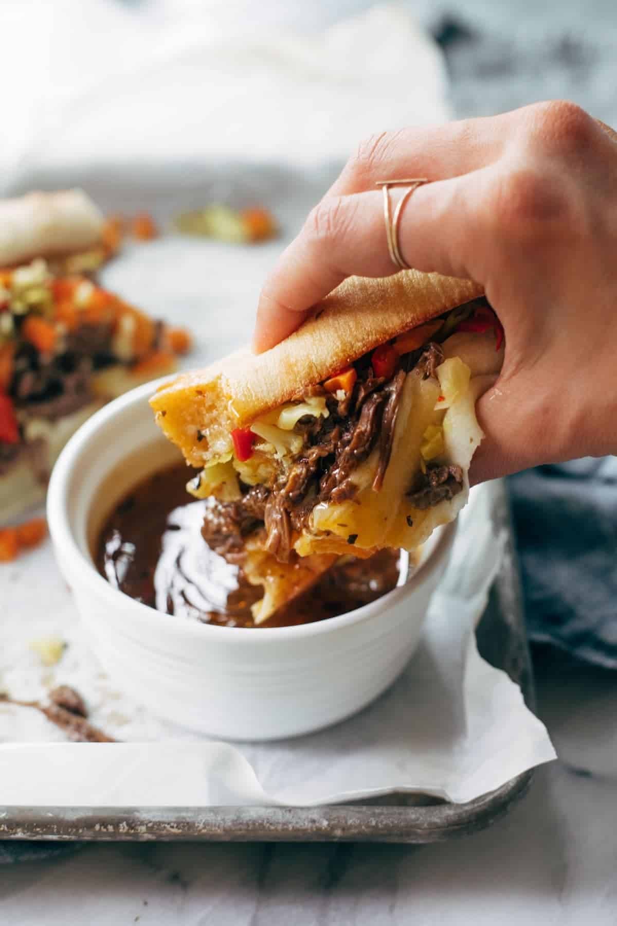 Italian beef sandwich dipped in broth.
