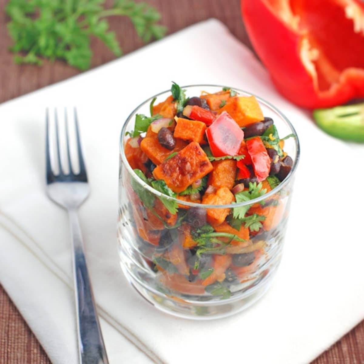 Roasted sweet potato salad with roasted sweet potatoes and a simple dressing. 