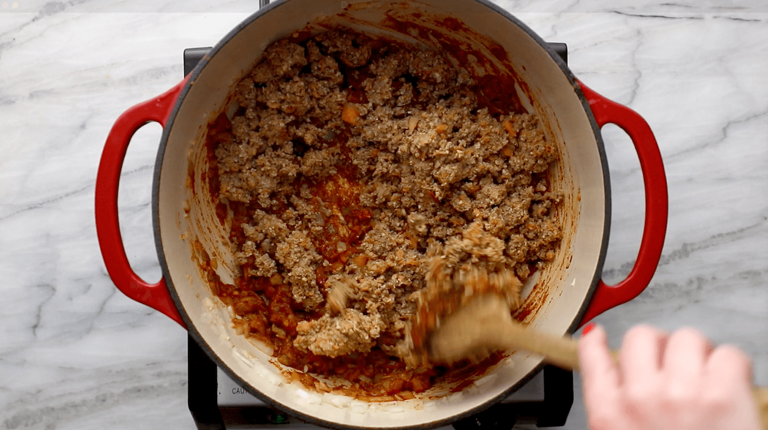 Vegetarian meat in a dutch oven.
