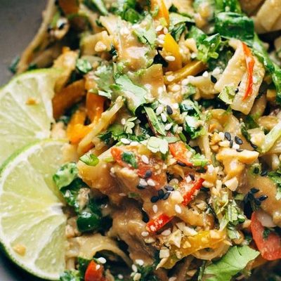 Thai Noodle Salad in bowl with fork.